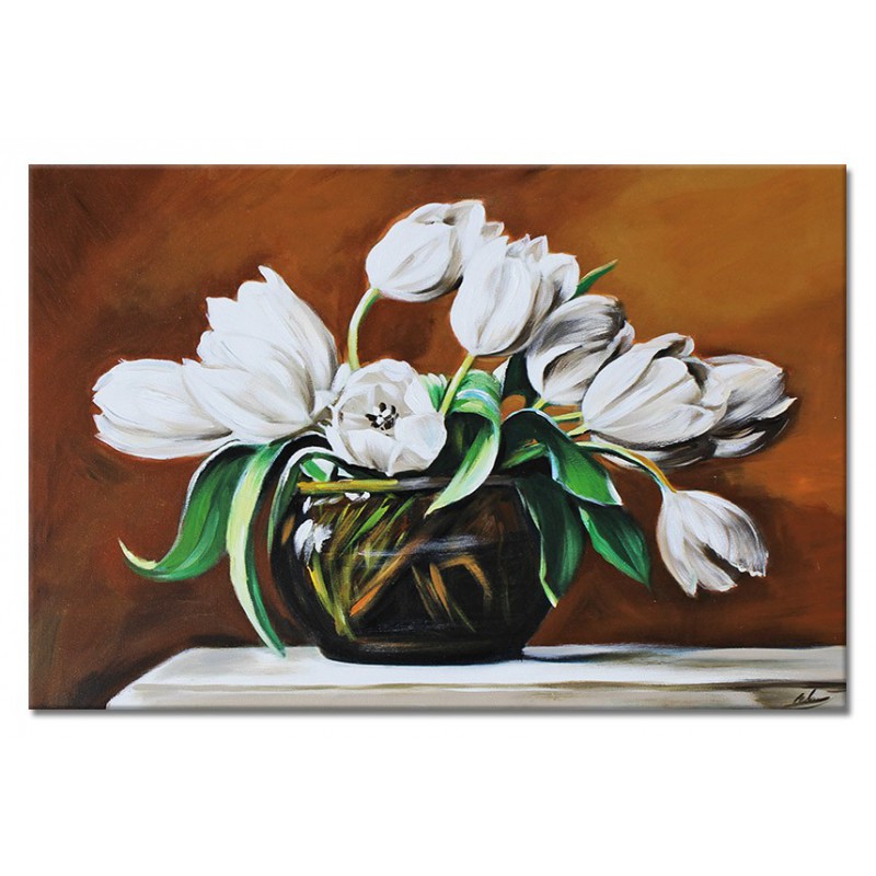  Obraz olejny ręcznie malowany 60x90cm Białe tulipany