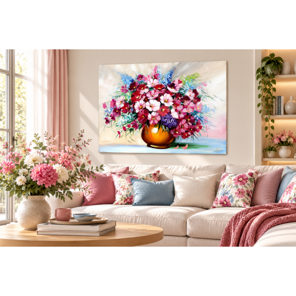  Obraz malowany Fioletowe kwiaty w wazonie 50x70cm
