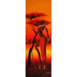  Obraz olejny ręcznie malowany 30x90cm Wysoka kobieta na tle słońca