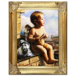  Obraz z Aniołkiem na murze 37x47 cm obraz malowany na płótnie w złotej ramie