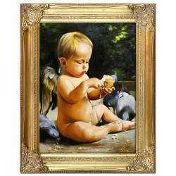  Obraz z Aniołkiem bobasem 37x47 cm obraz malowany na płótnie w złotej ramie
