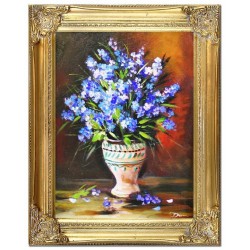  Obraz olejny ręcznie malowany 37x47cm Niebieskie kwiaty w ozdobnym wazonie
