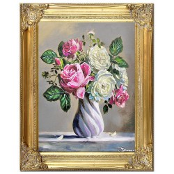  Obraz olejny ręcznie malowany 37x47cm Róże w ozdobnym flakonie