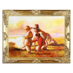  Obraz olejny ręcznie malowany na płótnie 47x37cm Józef Chełmoński Pastuszkowie przy ognisku kopia