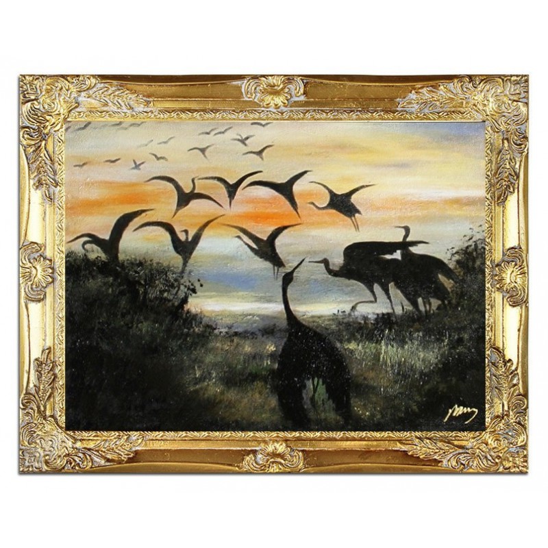  Obraz olejny ręcznie malowany na płótnie 47x37cm Józef Chełmoński Odlot żurawi kopia