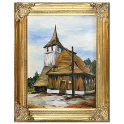  Obraz olejny ręcznie malowany 37x47cm Drewniany kościół