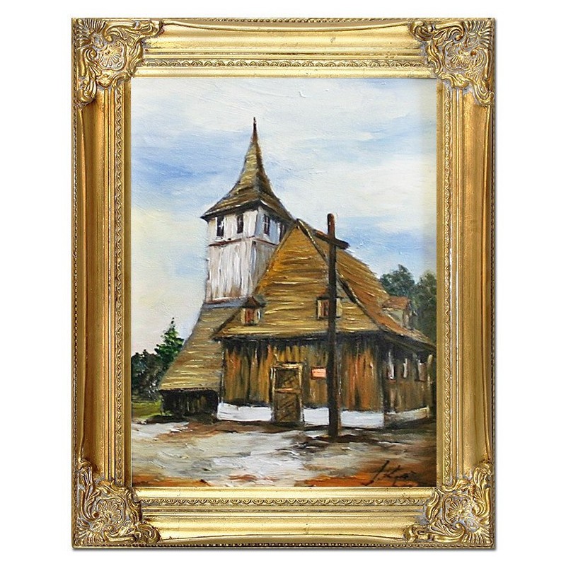  Obraz olejny ręcznie malowany 37x47cm Drewniany kościół