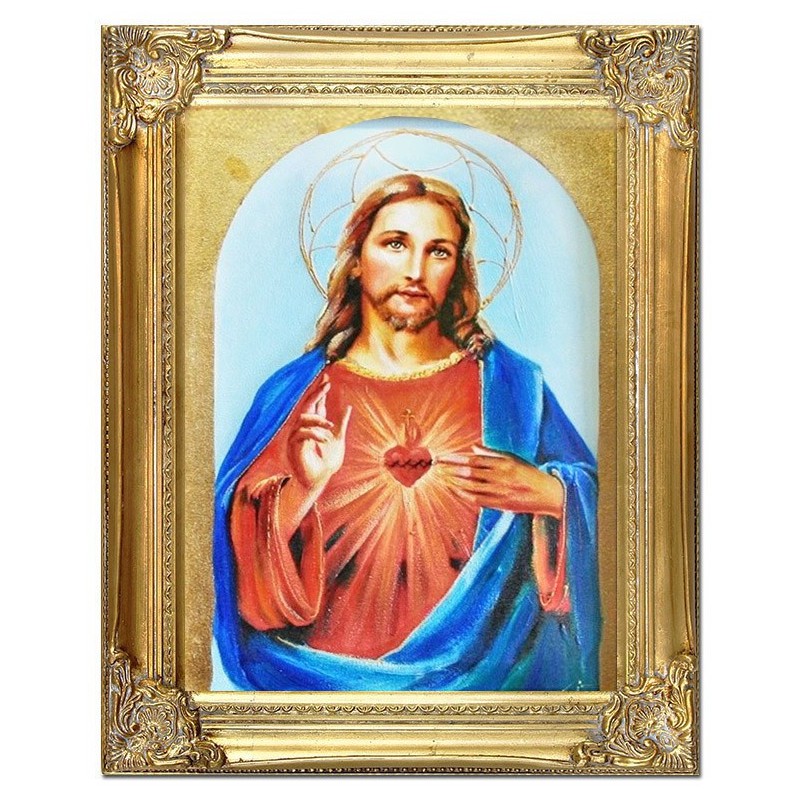  Obraz olejny ręcznie malowany z Jezusem Chrystusem Miłosiernego Serca obraz w złotej ramie 37x47 cm