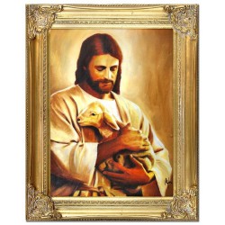  Obraz olejny ręcznie malowany z Jezusem Chrystusem z jagnięciem obraz w złotej ramie 37x47 cm
