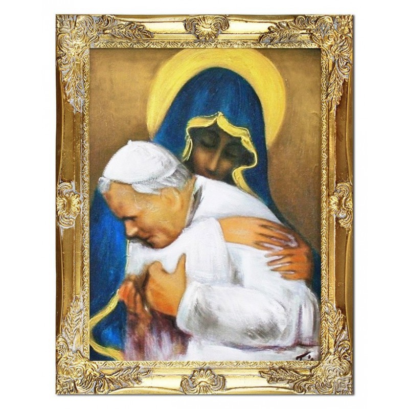  Obraz Jana Pawła II papieża z Maryją 37x47 cm obraz olejny na płótnie w złotej ramie