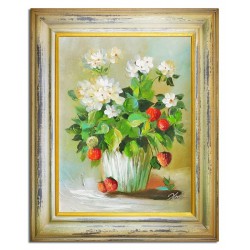  Obraz olejny ręcznie malowany 37x47cm Kwiaty i poziomki