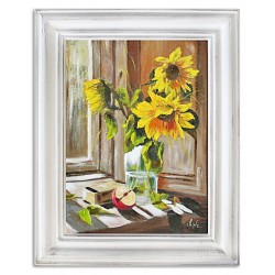  Obraz olejny ręcznie malowany 37x47cm Słoneczniki w oknie