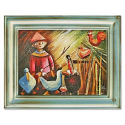  Obraz olejny ręcznie malowany na płótnie 47x37cm Tadeusz Makowski Wiejskie podwórko kopia