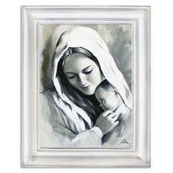  Obraz olejny ręcznie malowany z Matką Boską z dzieciątkiem 37x47 cm obraz w białej ramie czarno-biały