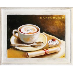  Obraz olejny ręcznie malowany na płótnie 47x37cm filiżanka kawy w cukierni