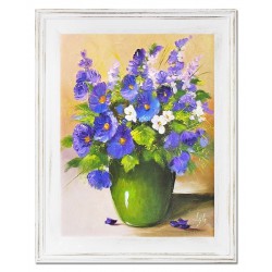  Obraz olejny ręcznie malowany 37x47cm Zielony wazon z kwiatami