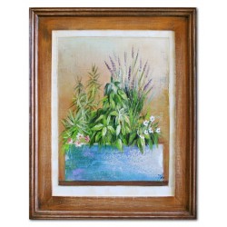  Obraz olejny ręcznie malowany 37x47cm Kwiaty niebieskiej donicy