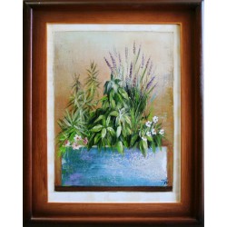 Obraz olejny ręcznie malowany 37x47cm Kwiaty niebieskiej donicy