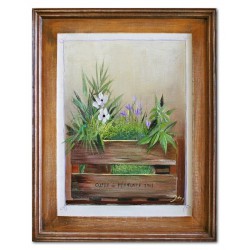  Obraz olejny ręcznie malowany 37x47cm Kwiaty w drewnianej skrzynce