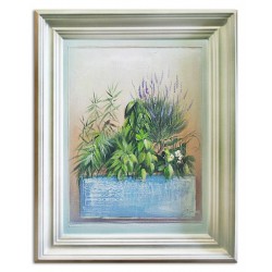  Obraz olejny ręcznie malowany 37x47cm Kwiaty w niebieskiej donicy