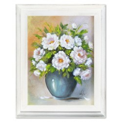 Obraz olejny ręcznie malowany 37x47cm Białe kwiaty w pękatym wazonie