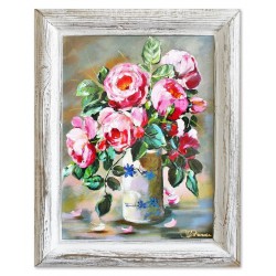  Obraz olejny ręcznie malowany 37x47cm Zamyślone róże w wazonie