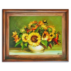  Obraz olejny ręcznie malowany 37x47cm Słoneczniki w białym naczyniu