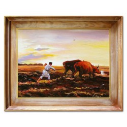  Obraz olejny ręcznie malowany na płótnie 47x37cm Józef Chełmoński Orka kopia