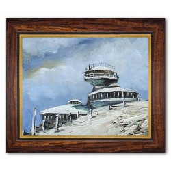  Obraz olejny ręcznie malowany 37x47cm Nowoczesny budynek na skraju góry