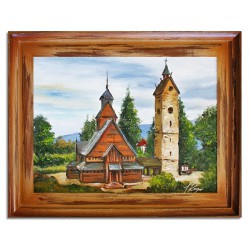  Obraz olejny ręcznie malowany 37x47cm Stary kościół w lesie
