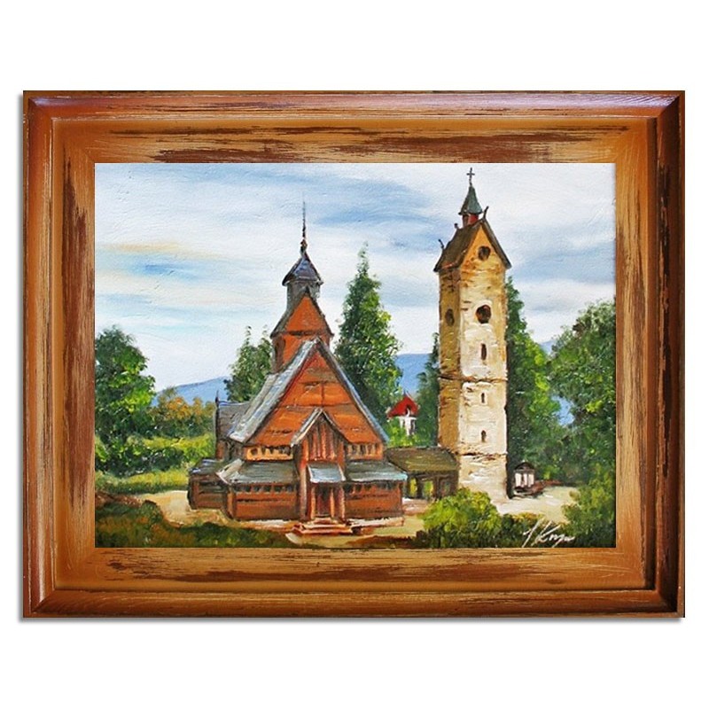  Obraz olejny ręcznie malowany 37x47cm Stary kościół w lesie