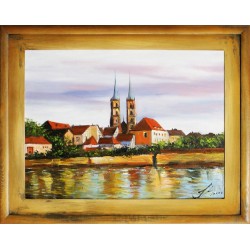  Obraz olejny ręcznie malowany 37x47cm Widok z rzeką