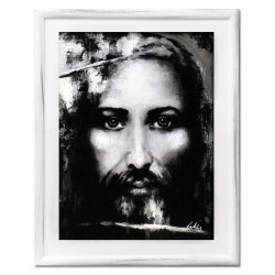  Obraz olejny ręcznie malowany z Jezusem Chrystusem z Całunu Turyńskiego obraz w białej ramie 37x47 cm obraz czarno-biały