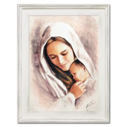  Obraz olejny ręcznie malowany z Matką Boską z dzieciątkiem 37x47 cm obraz w białej ramie