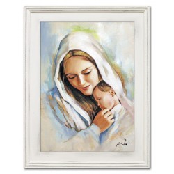  Obraz olejny ręcznie malowany z Matką Boską z dzieciątkiem 37x47 cm obraz w białej ramie
