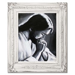  Obraz olejny ręcznie malowany z Jezusem Chrystusem podczas modlitwy obraz w białej ramie czarno-biały 27x32 cm