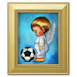  Obraz z Aniołkiem piłkarzem 27x32 cm obraz malowany na płótnie w złotej ramie