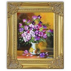  Obraz olejny ręcznie malowany 27x32cm Fioleltowe kwiaty w wazonie