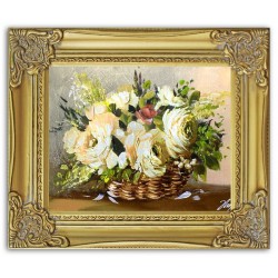  Obraz olejny ręcznie malowany 27x32cm Białe róże w wiklinowym koszyku