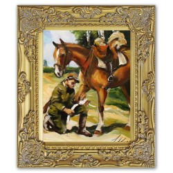  Obraz olejny ręcznie malowany Wojciech Kossak Ułan opatrujący konia kopia