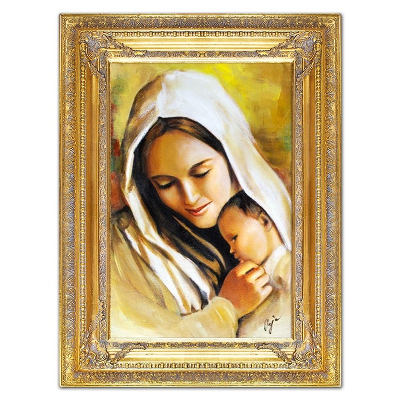 Obraz Matki Boskiej z Dzieciątkiem 90x120 cm obraz olejny na płótnie w złotej ramie