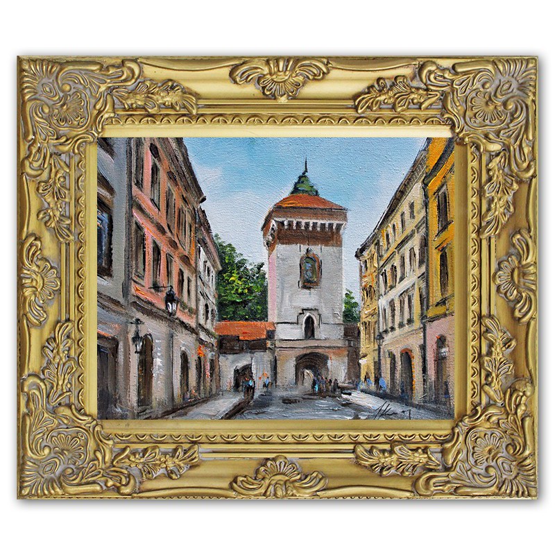  Obraz olejny ręcznie malowany 27x32cm Magiczne stare miasto