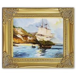  Obraz olejny ręcznie malowany 32x27cm statek na morzu