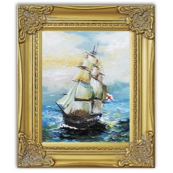 Obraz olejny ręcznie malowany żaglowiec na morzu 32x27cm
