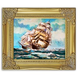  Obraz olejny ręcznie malowany żaglowiec na morzu 32x27cm