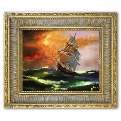  Obraz olejny ręcznie malowany statek podczas sztormu 32x27cm