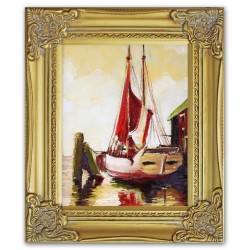  Obraz olejny ręcznie malowany łódka przy molo 27x32cm