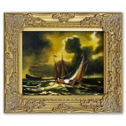  Obraz olejny ręcznie malowany statek na wzburzonym morzu 32x27cm