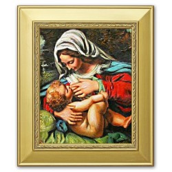  Obraz olejny ręcznie malowany z Matką Boską z dzieciątkiem karmiacą 27x32 cm obraz w złotej ramie