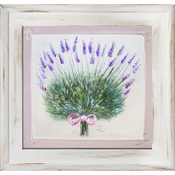  Obraz olejny ręcznie malowany 40x40cm Bukiet lawendy z różową wstążką